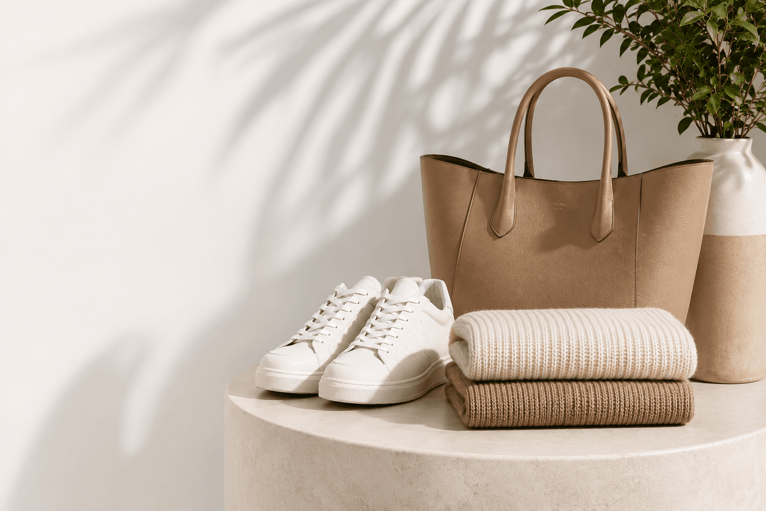 Cream leather tote bag, white sneakers and folded knitwear arranged on a stone table in soft daylight